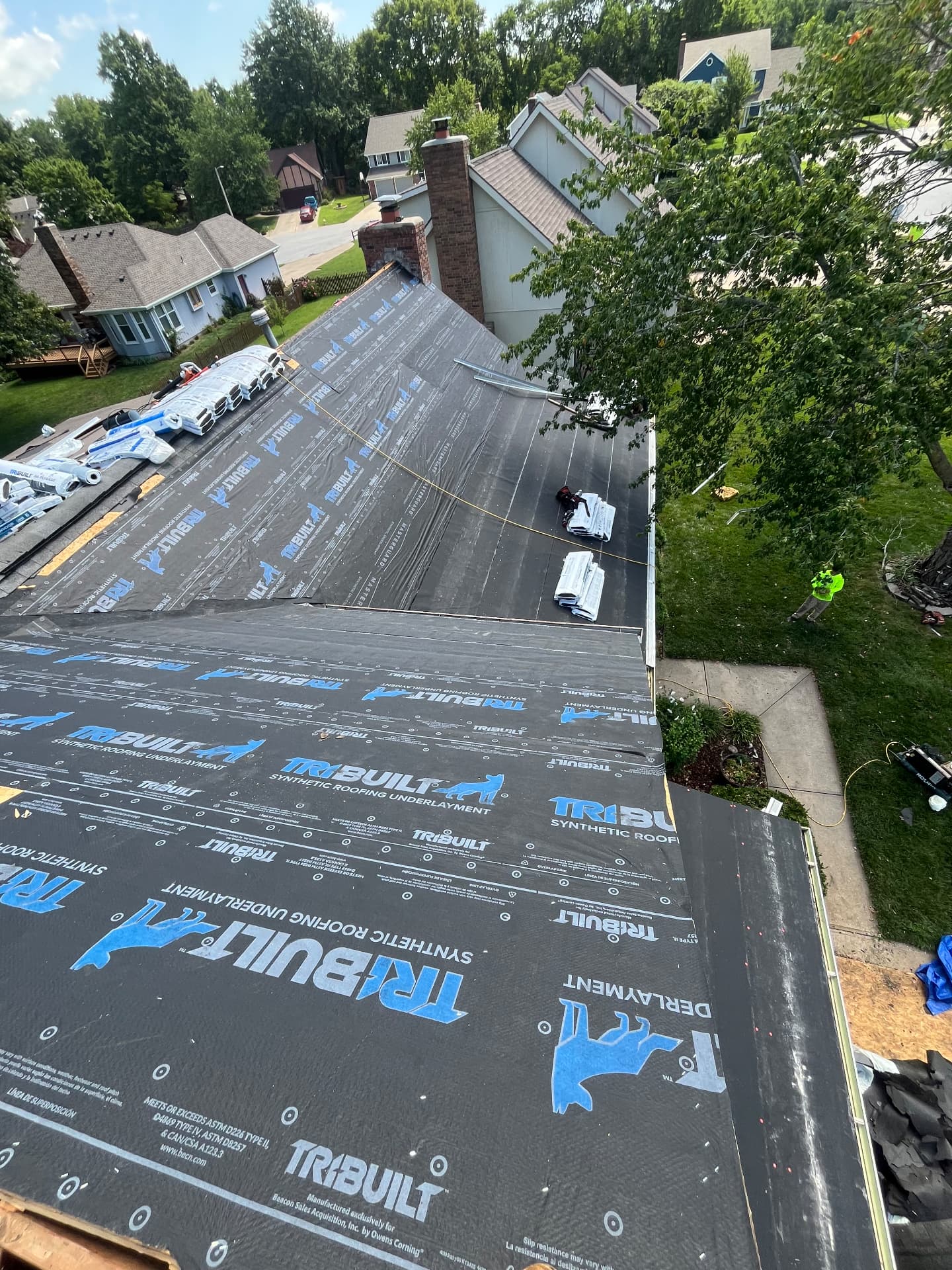 Synthetic underlayment installed across a full roof replacement in Kansas City
